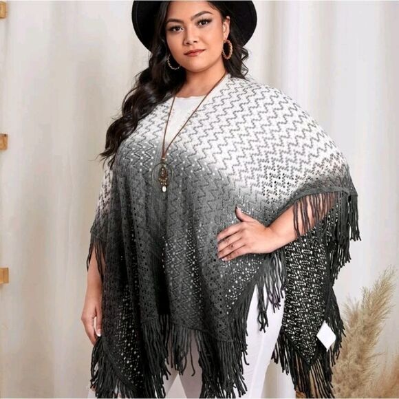 Plus Ombre Fringe Trim Pointelle Knit Poncho - Picture 4 of 6